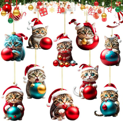 Schattige kat hangers voor kerst, leuke acryl katten ornamenten, kerstversiering, cadeau-idee, set van 10