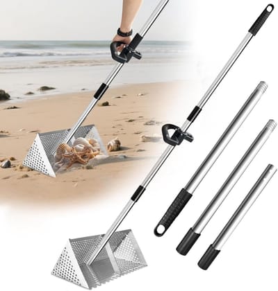 Rvs Zandschep met Verwijderbare Handgreep van 140 cm en Antislip Strandhandvat voor Efficiënt Zand Verwijderen