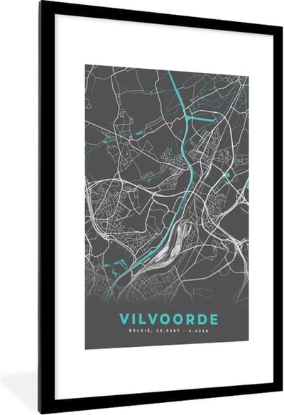 Fotolijst incl. Poster - Stadskaart – Grijs - Kaart – Vilvoorde – België – Plattegrond - 60x90 cm - Posterlijst