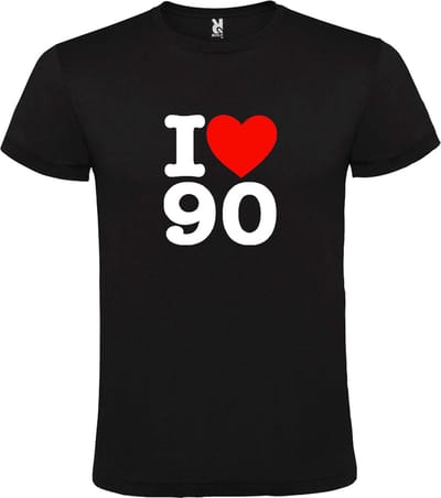 Zwart T shirt met  I love (hartje) the 90's (nineties)  print Wit en Rood size XS