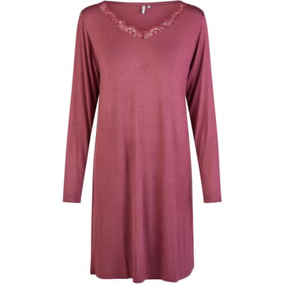 By Louise Dames Nachthemd V-Hals Met Kant Lange Mouw Bamboe Viscose Effen Bordeaux Rood - Maat S