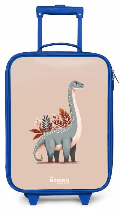 NoBoringSuitcases.com® - Kinderkoffer blauw - Kindertrolley jongen - Blauwe dinosaurus op een beige achtergrond - Koffer kind lichtgewicht - Reiskoffer trolley voor kinderen - Koffertje met lichtgevende wieltjes - Rolkoffer