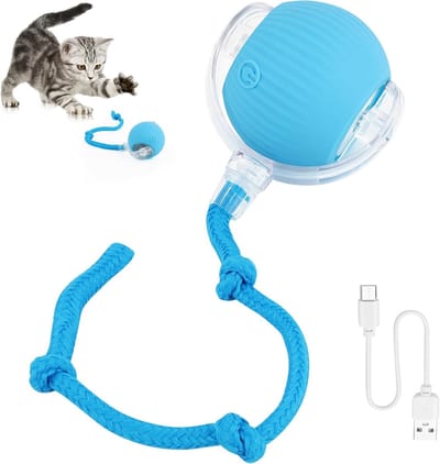OIMG Slimme interactieve Huisdierspeelgoed - Kattenspeelgoed - 4 modi - 360° automatisch interactief katten - met ledlamp - USB-C oplaadbaar - met staart - Slimme interactieve rollende huisdierbal - interactief kattenbalspeelgoed - blauw