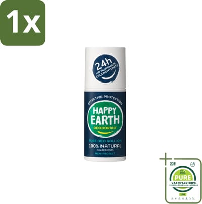 1 x Happy Earth – Deodorant Roll-On – 100% Natuurlijk Men Protect – 75 ml - Natuurlijke Deodorant Voor Mannen - Frisse Geur - Deodorant Zonder Aluminium - Huidvriendelijk - Vegan Deodorant