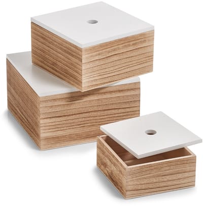 opbergdoos, set van 3, ca. 16 x 16 x 8 cm; 20 x 20 x 11,2 cm; 24 x 24 x 14 cm, wit/naturel, hout
