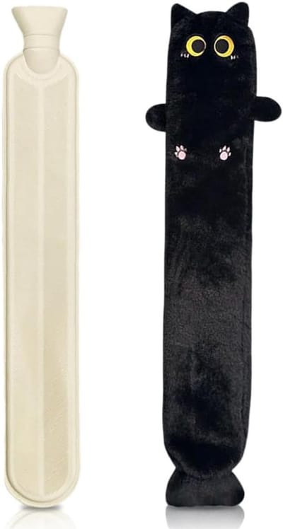 Pluche Warmwaterkruik in Lange Katvorm 2L met Afneembare Rubberdeksel voor Nek, Schouders en Rug, Perfect als Cadeau