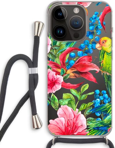 Case Company® - Hoesje met koord geschikt voor iPhone 14 Pro hoesje met Koord - Papegaaien - Telefoonhoesje met Zwart Koord - Bescherming aan alle Kanten en Over de Schermrand