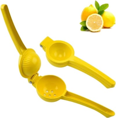 Famanu – Handmatige metalen citruspers – limoen- en sinaasappelpers met handvat – geel design