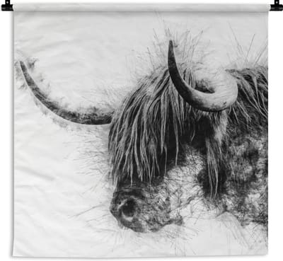 Wandkleed - Wanddoek - Portret Schotse Hooglander - Zwart Wit - 180x180 cm - Wandtapijt