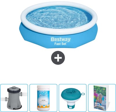 Bestway Rond Opblaasbaar Fast Set Zwembad - 305 x 66 cm - Blauw - Inclusief Pomp Chloor - Chloordrijver - Zwembadgids