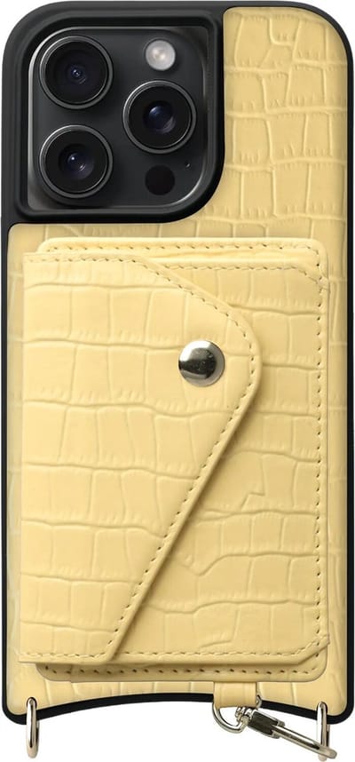 AVY Leren Hoesje Geschikt voor Apple iPhone 15 Pro Max | Met Magnetische Kaarthouder | Compatibel met MagSafe | Leather Case met Wallet | Croco Geel