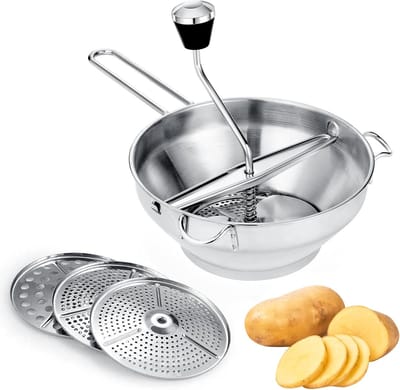 zeef met 3x zeefinzetstukken, aardappelpers, zeef voor tomatensaus, appelmoes, puree, aardappelpuree, jam, babyvoeding