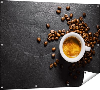 Gards Tuinposter Kopje Koffie met Koffiebonen - 120x90 cm - Tuindoek - Tuindecoratie - Wanddecoratie buiten - Tuinschilderij