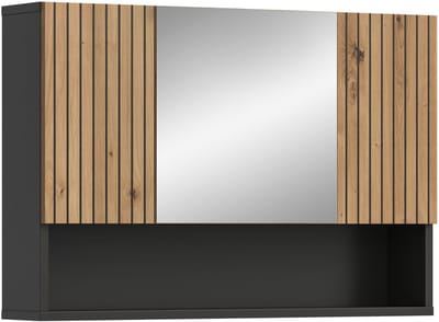Spiegelkast Basalt en Eiken - 3 Deuren met Spiegel - Ruime Badkamer Opbergkast - 80x55x17cm