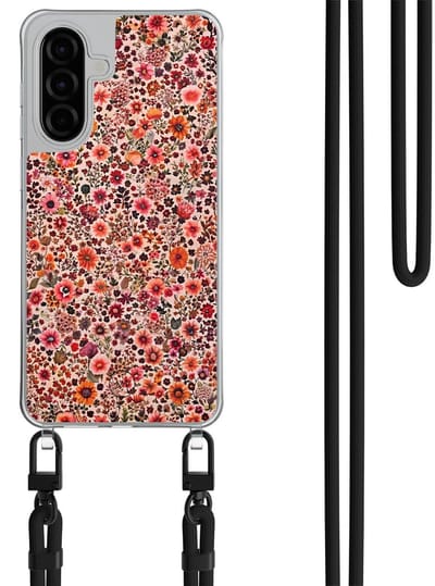 Hoesje met koord geschikt voor Samsung Galaxy A26 - Vintage floral - Inclusief Rood koord - Crossbody beschermhoes - Transparant, Roze - Mooie Telefoonhoesjes