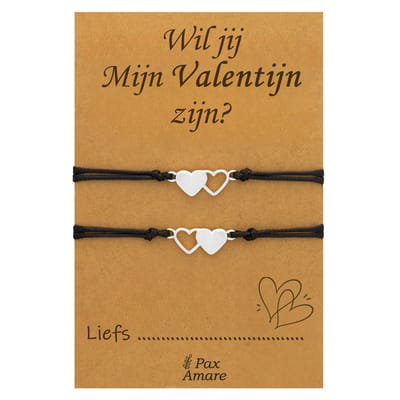 Koppel Armbandjes voor 2 "Wil jij mijn Valentijn Zijn?" - Hartjes - Vriendschapsarmbandjes met Persoonlijk Cadeau Kaartje - Zilverkleurig - Elastisch Verstelbaar - Pax Amare