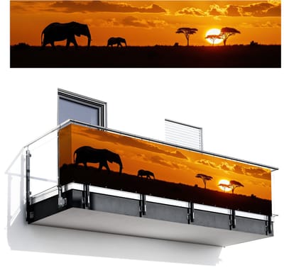 Balkonscherm 500x120 cm - Balkonposter Olifanten - Savanne - Zonsondergang - Balkon scherm decoratie - Balkonschermen - Balkondoek zonnescherm