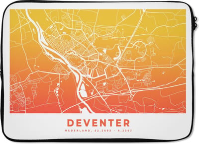 Laptophoes 13 inch - Stadskaart - Deventer - Oranje - Geel - Laptop sleeve - Binnenmaat 32x22,5 cm - Zwarte achterkant