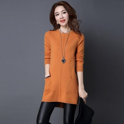 Pull-over mi-long pour femmes Printemps Automne et Hiver Version Coréenne de Chemise de Fond Simple Ample avec Poches de Robes Pull Tricotées One Size orange