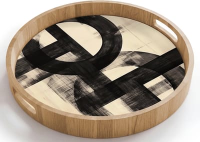 Dienblad rond 40x40 cm - Schootdienblad hout - Cirkels - Balken - Zwart - Abstract - Borrelplank rechthoek - Plateau houten dienbladen