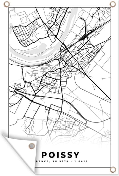 Muurdecoratie Plattegrond – Kaart – Frankrijk – Poissy - Stadskaart - Zwart wit - 120x180 cm - Tuinposter - Tuindoek