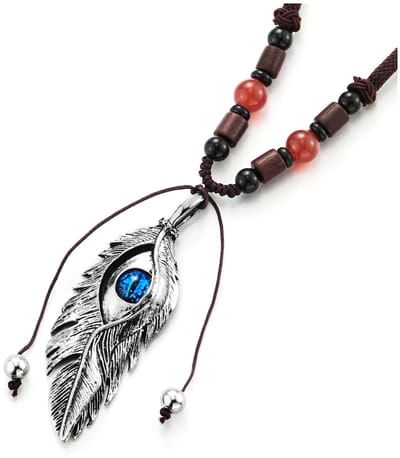 Dailygoody - Boho Chic halsketting - Veerhanger met blauwe stenen ogen - Uniek design - Katoenen touw - Voor mannen en vrouwen - Perfect voor elke gel...