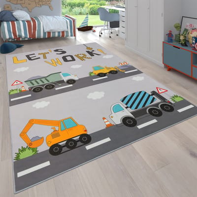 Flycarpets Kindervloerkleed - Binola - Bulldozer- Grijs
