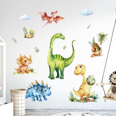 Watercolor Dinosaurus Muurstickers met Tropische Bladeren en Palmbomen voor Baby- en Kinderkamers, Peeling en Plakken Decor voor Speelruimtes en Klaslokalen
