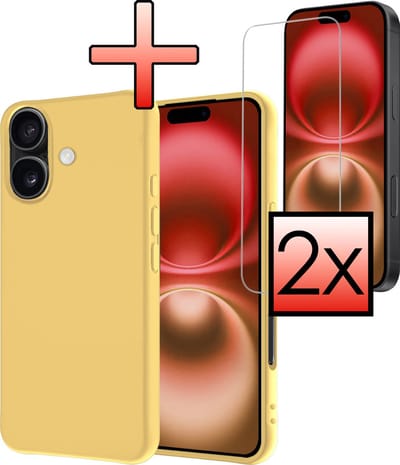 Hoesje - Met 2x Screenprotector - Geschikt voor Apple iPhone 16 - Sterk & Shockproof - Back Cover - Siliconen Case - Telefoon Hoes - Geel