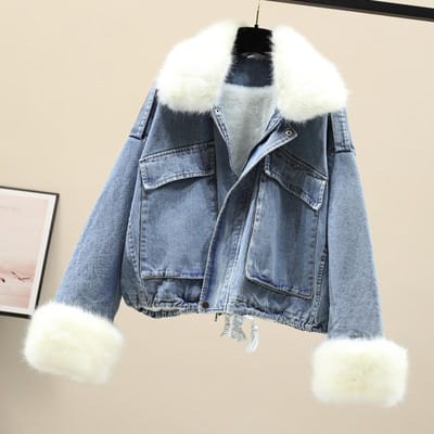 Winter Nieuwe Stijl Bontkraag Denim Jas Losse Velvet Denim Jas voor Dames M gray