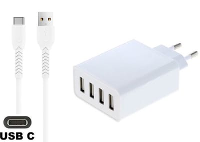 OneOne 4.8A lader met 4 poorten + 1,2m sterke USB C kabel. Oplader adapter past op Samsung Galaxy M21, M30, M40, M54, M55s, M05, F42, M10s, M11, Z, M06, M42, M20, M31s, M32, M32, F05
