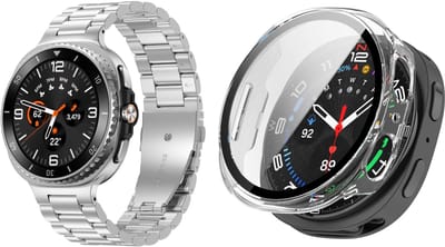 trap-it Stalen schakel band Zilver + Hard case hoesje met screenprotector glas Transparant – geschikt voor Samsung Galaxy Watch 8 40mm – luxe & optimale bescherming