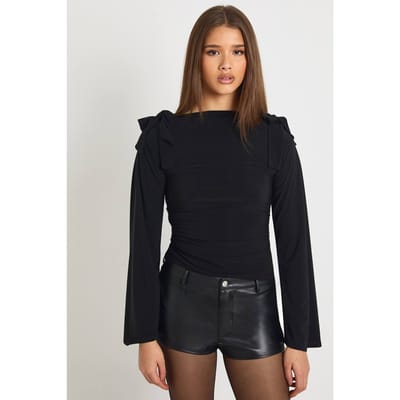 boohoo Dames Vloeiende top met strikdetail op de schouder en lange mouwen | Zwart | Maat: 34
