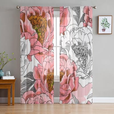 Schets Bloemen Chiffon Transparante Gordijnen Voor Woonkamer Slaapkamer Decoratie Raam Tule Gordijnen Drapes 135W x 114H(cm) white
