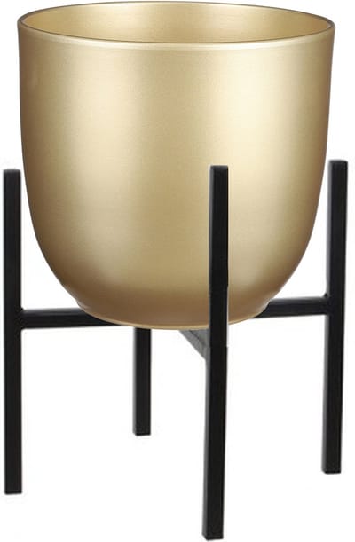 Mica Decorations Bloempot - D25 x H23 cm goud - met plantenpot verhoger zwart/metaal H25 cm