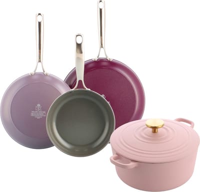 BK Sky Violet Koekenpannenset 3-delig 20/24/28cm + Bourgogne Braadpan 24cm - 4.2l - PFAS-vrije antikleeflaag - Pannenset inductie - Keramische pan - Braadpan Gietijzer - Ovenbestendig tot 220°C - Met deksel - Roze