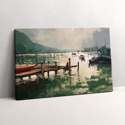 Wallfluent Foto Op Canvas Digitale illustratie van vissersboten in de haven - 60 x 40 cm - Groente Schilderijen Op Canvas Doek - Landschappen Canvas Doek Foto - Imitatie van een olieverfschilderij Print Van Doek - Kunst Canvas Schilderij