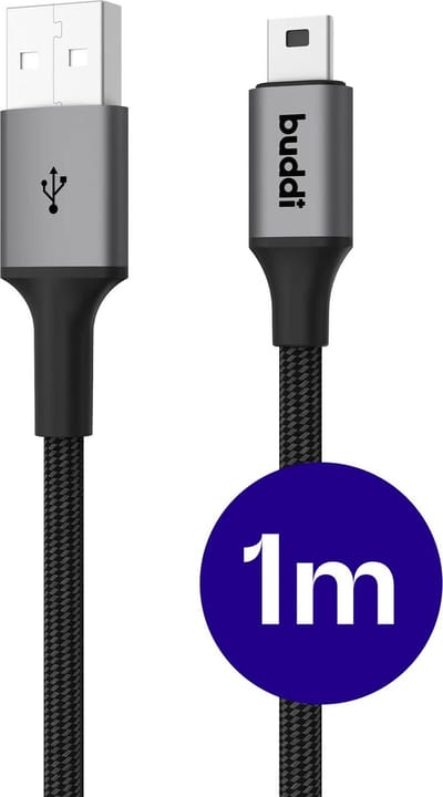 Buddi Flex USB-A naar Mini-USB Kabel - 12W Fast Charge - Korte Kabel - 1 Meter - Kabel voor Playstation 2 en 3 Controller - Voor o.a. Grafische Rekenmachines, GPS, Dashcam, MP3/MP4, Recorders - Zwart