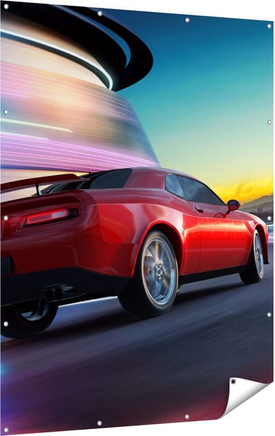 Gards Tuinposter Rode Sportwagen Auto in de Stad - 120x160 cm - Tuindoek - Tuindecoratie - Wanddecoratie buiten - Tuinschilderij
