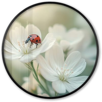 Poster in lijst Rond - Fotolijst 60x60 cm - Posters - Lieveheersbeestje - Bloemen - Wit - Ronde posterlijst zwart - Decoratie - Wanddecoratie woonkamer - Muurdecoratie slaapkamer