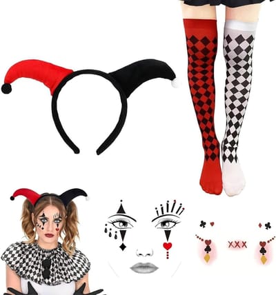 Vrouwelijk Harlekijn Kostuum - Clown Accessoires Set met Hoofdband, Gezichtstickers en Geruite Kousen voor Halloween en Carnaval