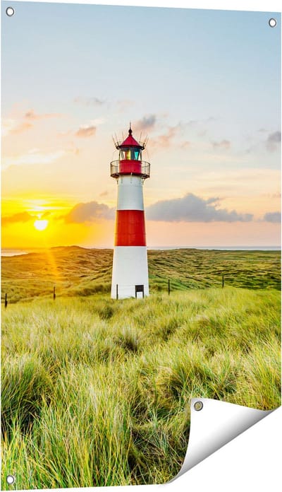 Gards Tuinposter Vuurtoren met Zonsopgang op een Eiland - 60x90 cm - Tuindoek - Tuindecoratie - Wanddecoratie buiten - Tuinschilderij