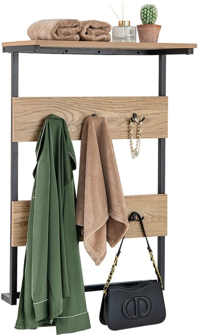 COSTWAY Wandkapstok met plank, wandrek met 6 haken, industri毛le kapstok met metalen frame, kledingstang, garderobepaneel voor ingang, woonkamer, slaapkamer, natuur