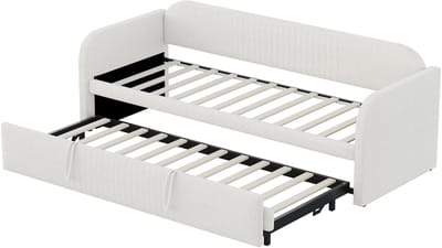 DESMIU Gestoffeerde Slaapbank 90x190 cm – Uitschuifbaar Naar 180x190 cm – Met Lattenbodem – Zonder matras – Voor Woonkamer Of Logeerkamer – Linnenlook – Beige