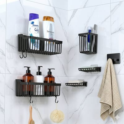 INDECOR 6-delige Doucheplank Set Zonder Boren – Hoekvorm Badkamer Organizer – Zelfklevende Douche Rek – Grote Capaciteit – Zwart