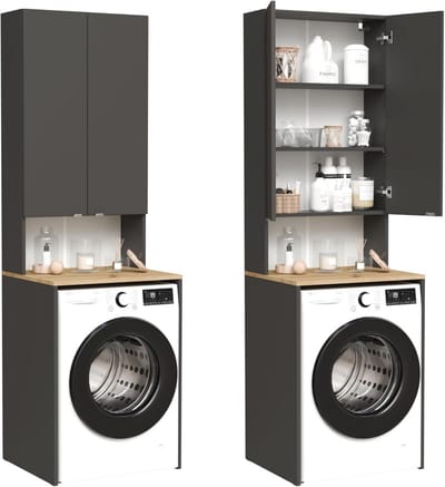 Wasmachinekast en hoge kast voor badkamer, superstructuur voor wasmachine en droogtrommel, 210 x 65 x 50/56 cm, wit