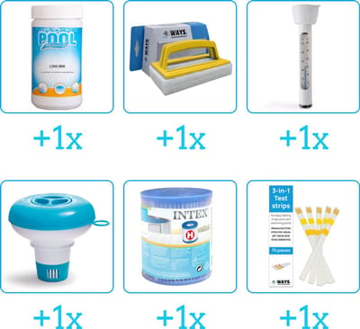 Zwembad Onderhoudspakket - Onderhoud Zwembad - bevat Chloor - Scrubborstel - Thermometer - Chloordrijver - Filter en Testrips (6-delig)