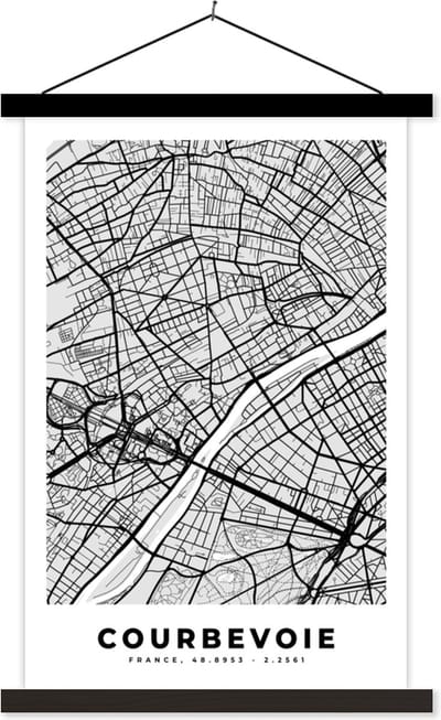 Posterhanger incl. Poster 40x60 cm - Schoolplaat - Plattegrond - Kaart - Stadskaart - Frankrijk - Courbevoie - Textielposter - Zwarte latten - Stadskaart
