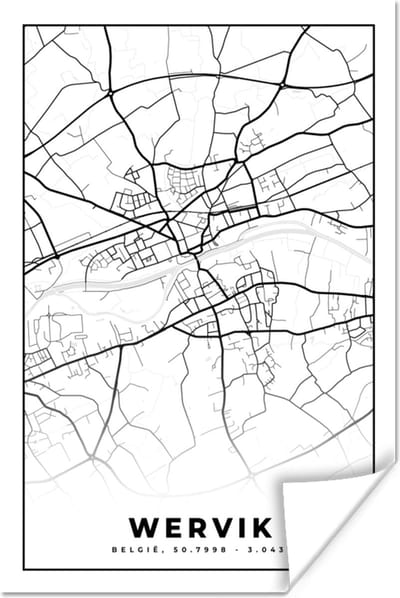Poster België – Wervik – Stadskaart – Kaart – Zwart Wit – Plattegrond - 120x180 cm XXL