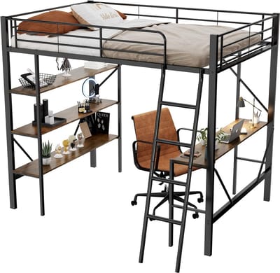 Hoogslaper 90x200 cm met Bureau en Planken - Metalen Bedframe - Kinderen en Volwassenen